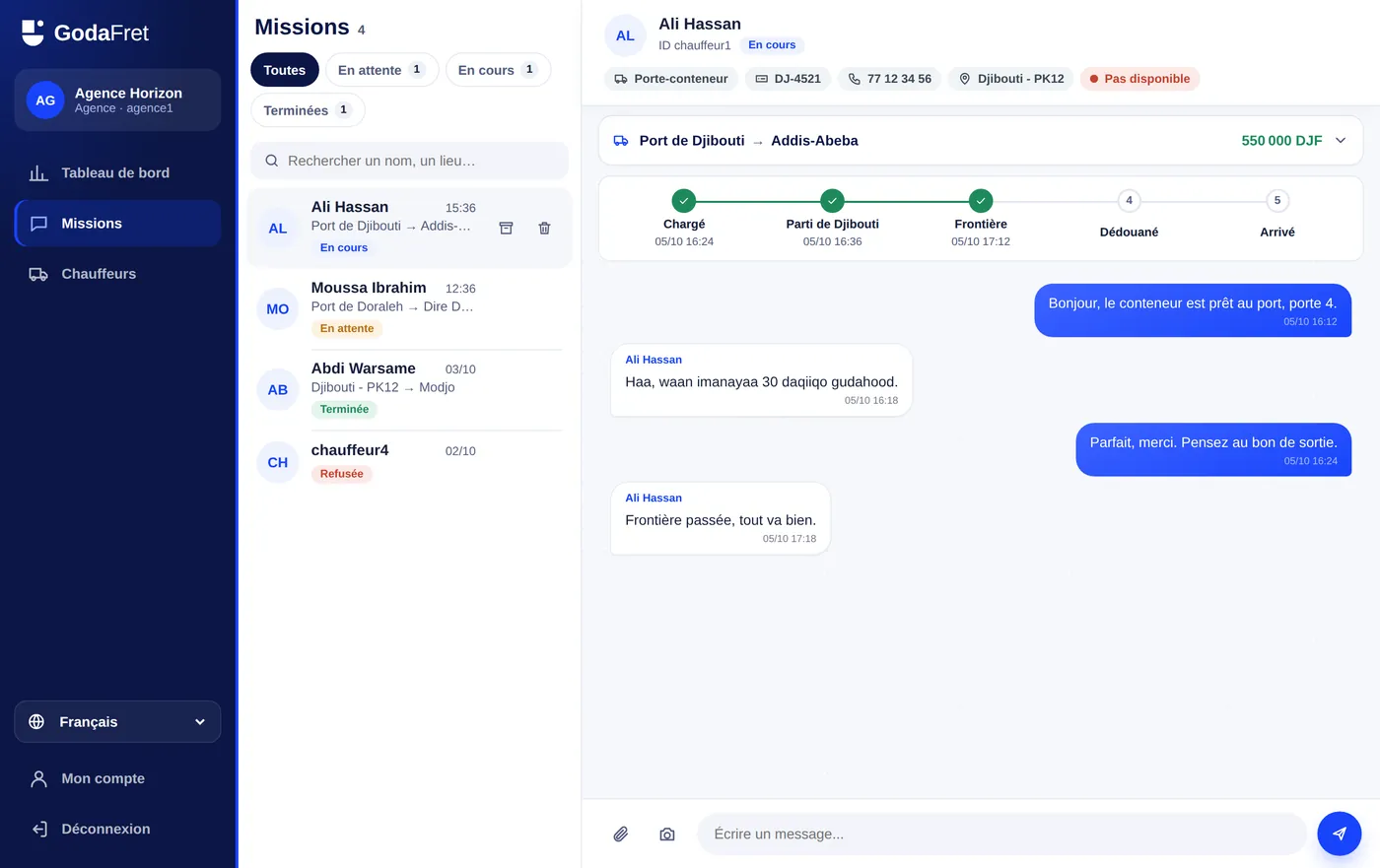Discussion entre l'agence et le chauffeur avec la fiche de mission, le prix et les étapes du trajet